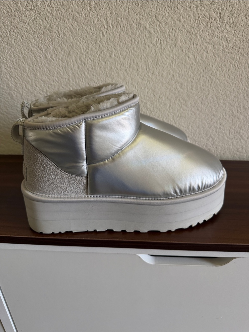 UGG Silver Metallic Platform Shearling Mules 9